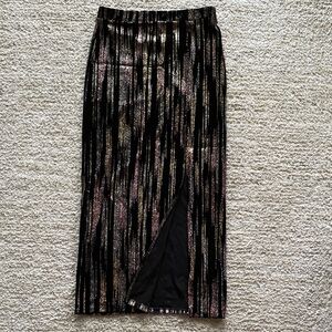 Topshop Black Velour Pencil Skirt with Metallic Gold & Pink Stripes